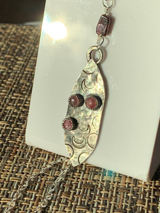 Sterling Silver Hammered Pendant Crescent Moon Design Antiqued with Tiny Rhodonite Stones (3) 18” 925 Sterling Silver Chain Included