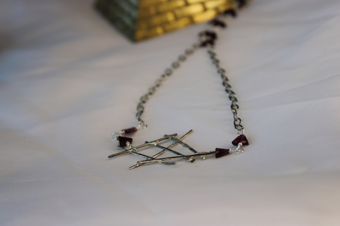 Gothic Geometric Sterling Silver Necklace with Garnet Triangle Stone Beads