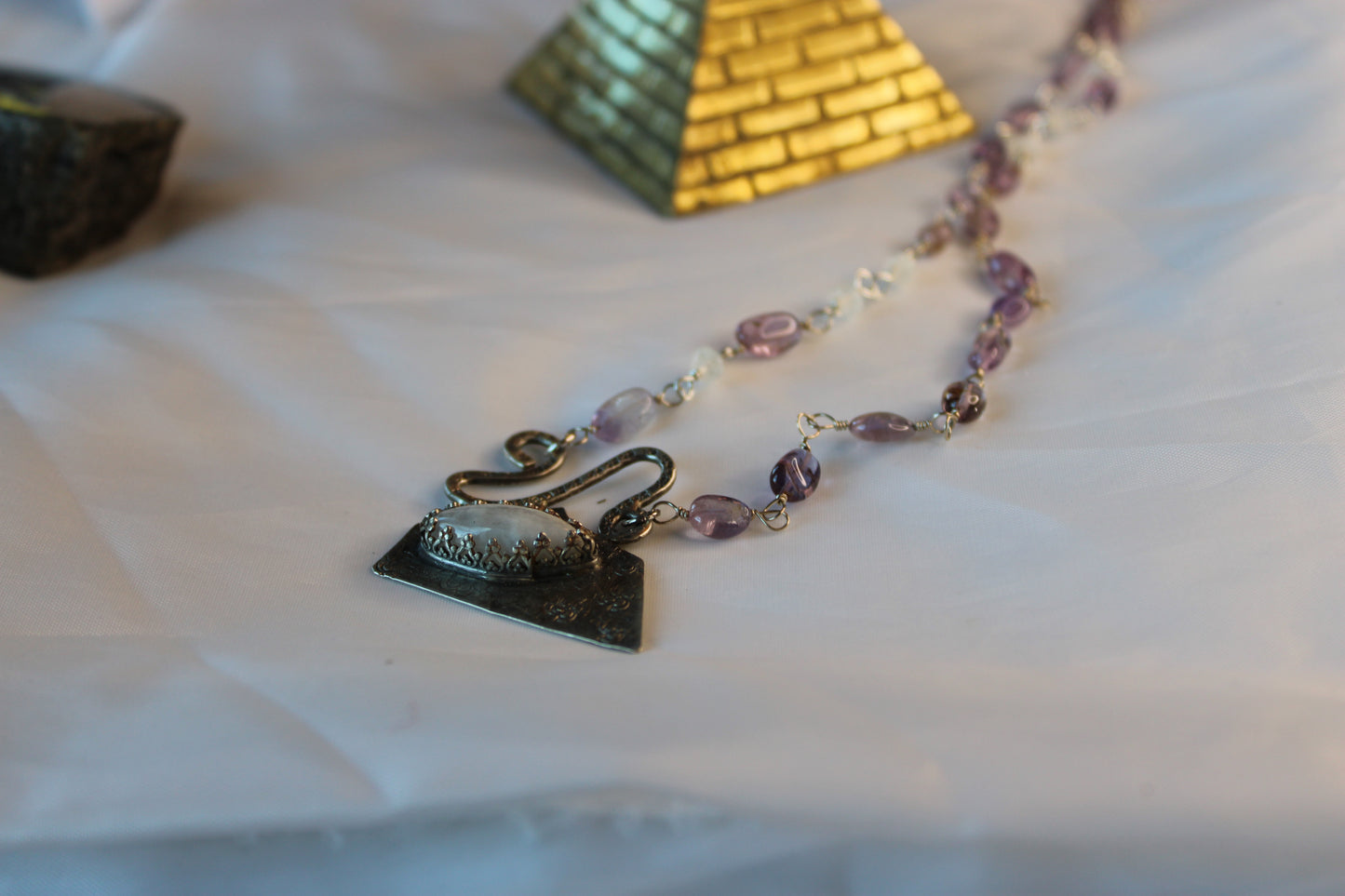 Huge Rainbow Moonstone and Amethyst Necklace with Bead chain and Geometric design