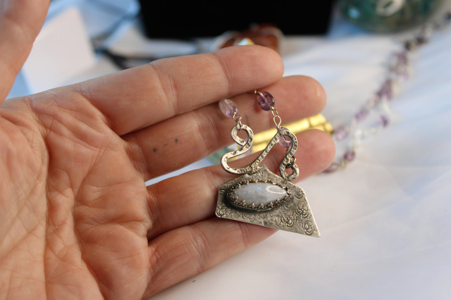 Huge Rainbow Moonstone and Amethyst Necklace with Bead chain and Geometric design