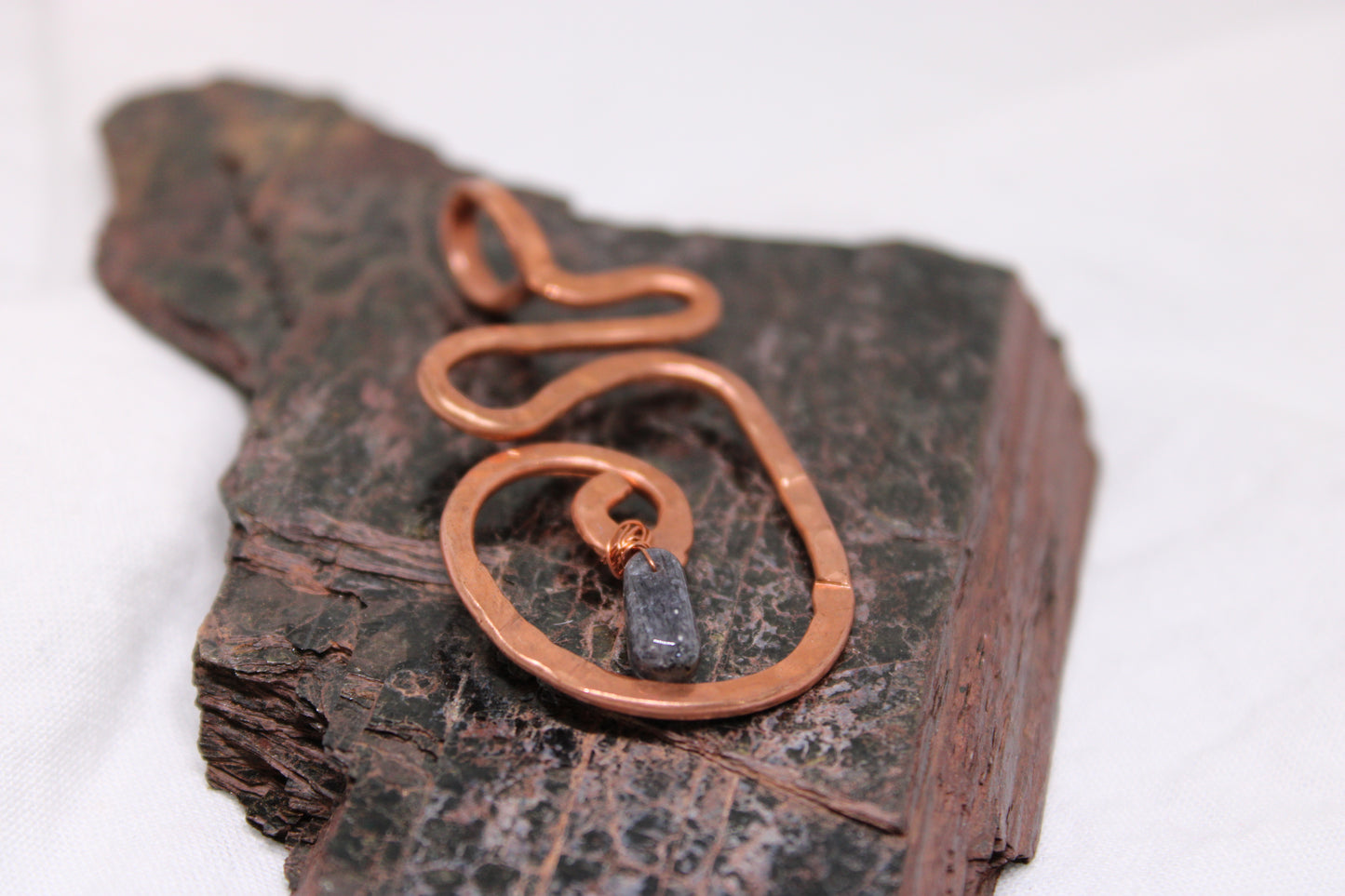 Large Hammered Spiral Copper Pendant with Iolite Beads