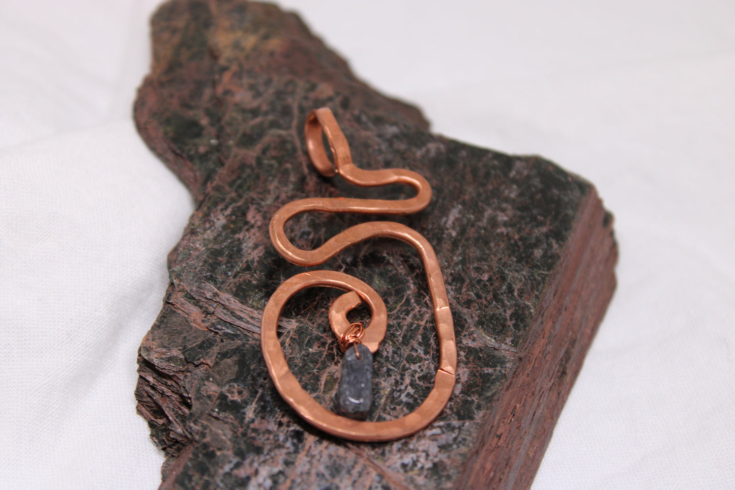 Large Hammered Spiral Copper Pendant with Iolite Beads