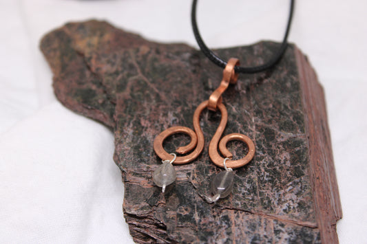 Hammered Spiral Geometric Copper Pendant with  Labradorite Beads