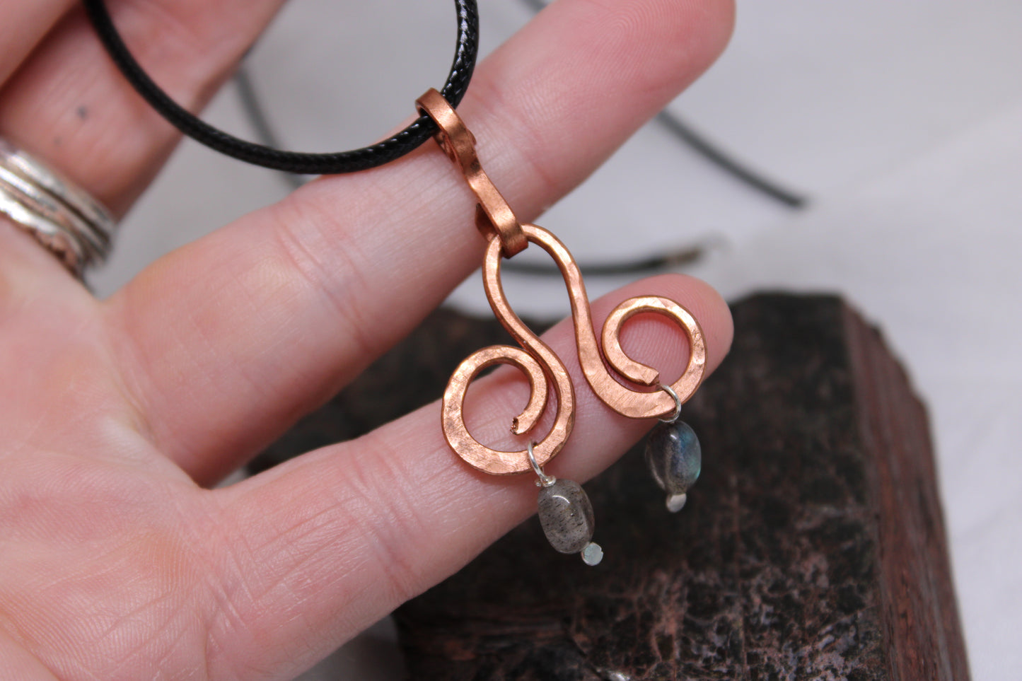 Hammered Spiral Geometric Copper Pendant with  Labradorite Beads