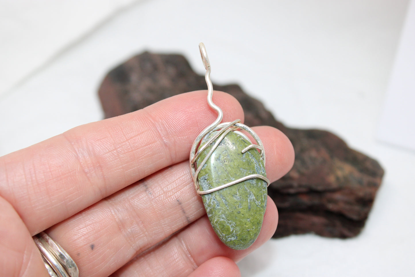 Tumbled Green Stone Pendant Set in Sterling Silver