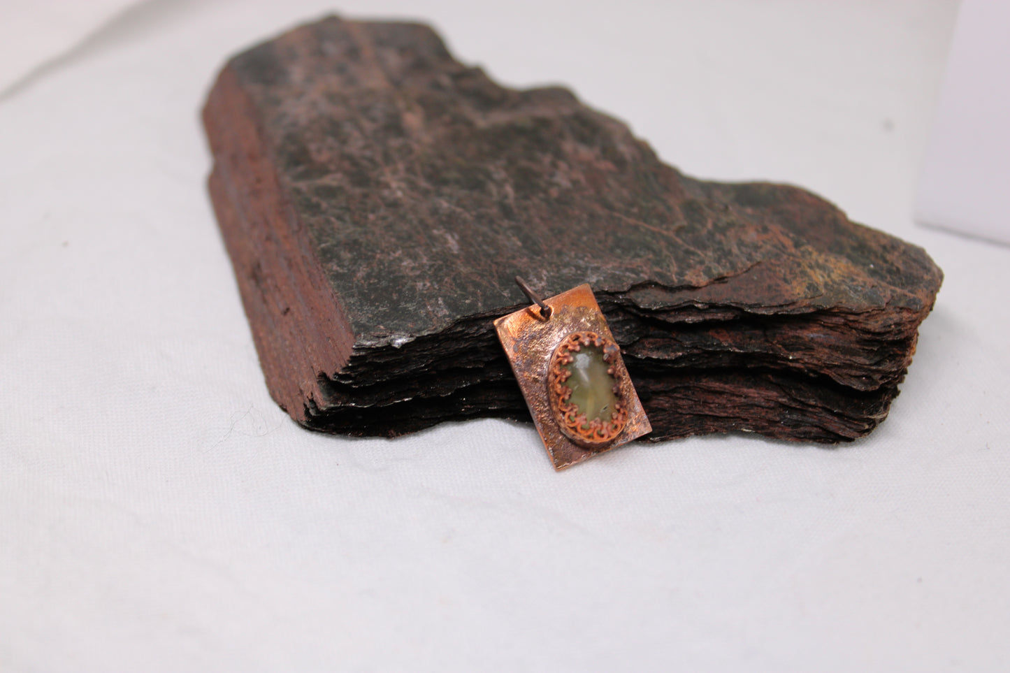 Delicate Rustic Green Apatite in Copper Pendant