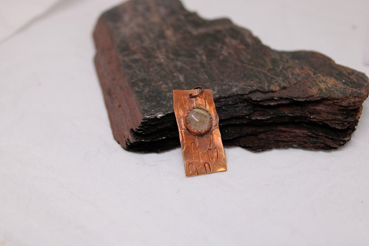 Hammered Stamped Angel Number Copper Pendant with Rutile Quartz Stone Setting