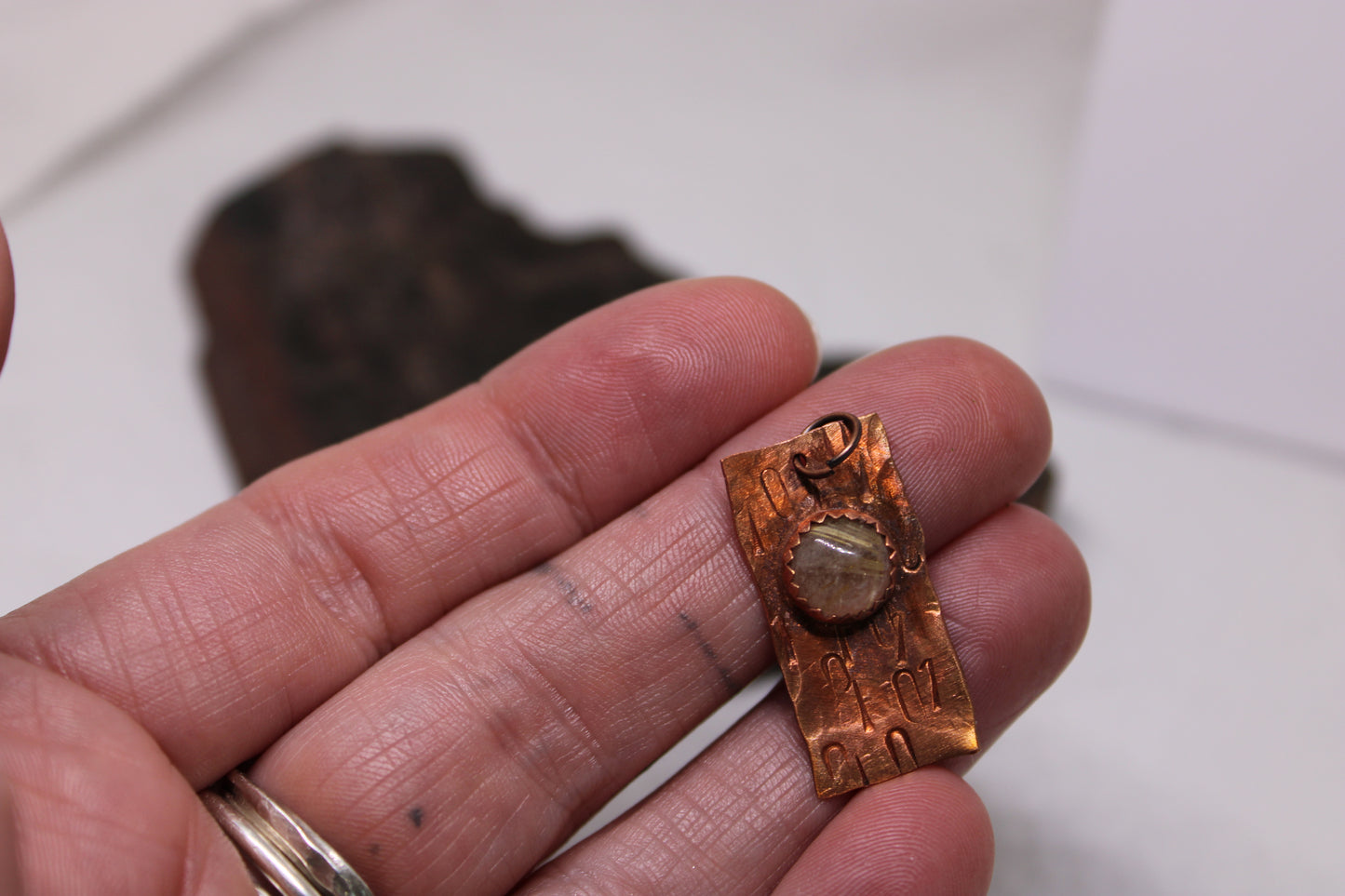 Hammered Stamped Angel Number Copper Pendant with Rutile Quartz Stone Setting