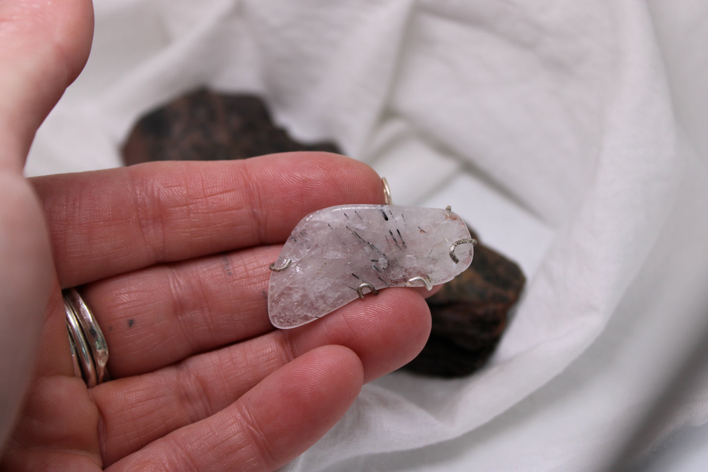 Quartz Crystal Pendant with Black Tourmaline Veins Threads Sterling Silver and Handmade