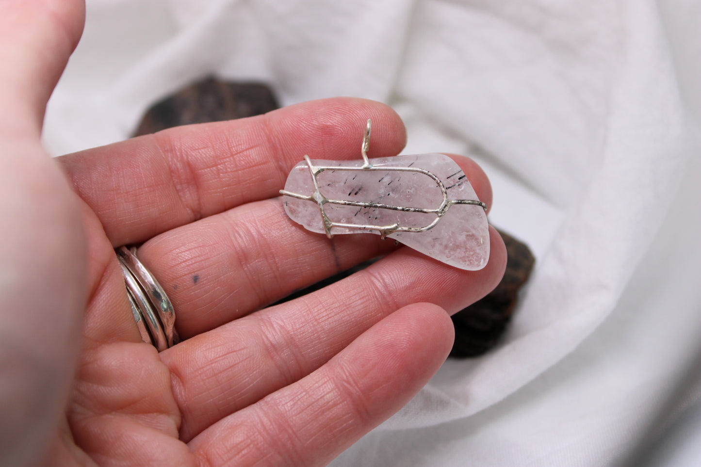 Quartz Crystal Pendant with Black Tourmaline Veins Threads Sterling Silver and Handmade