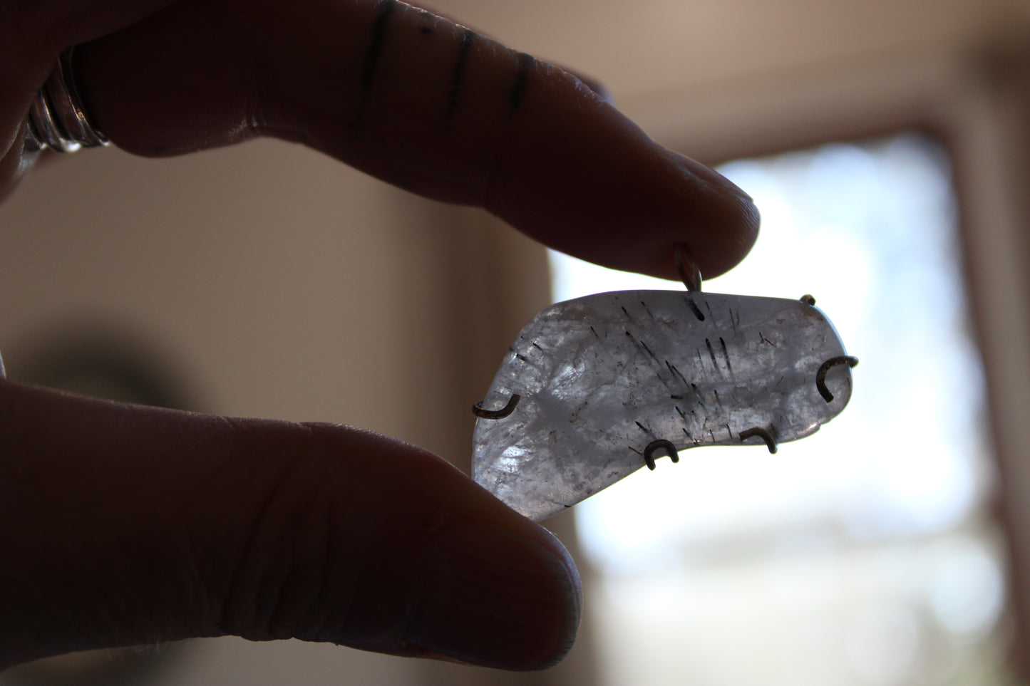 Quartz Crystal Pendant with Black Tourmaline Veins Threads Sterling Silver and Handmade