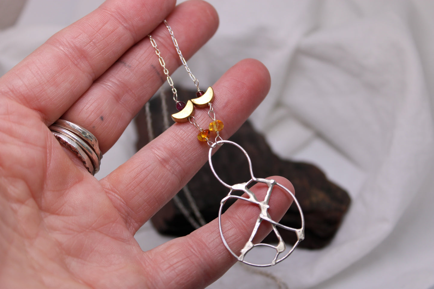 Geometric Viking Necklace Sterling Silver Amber Crescent Moon Beads Goddess Vibes!