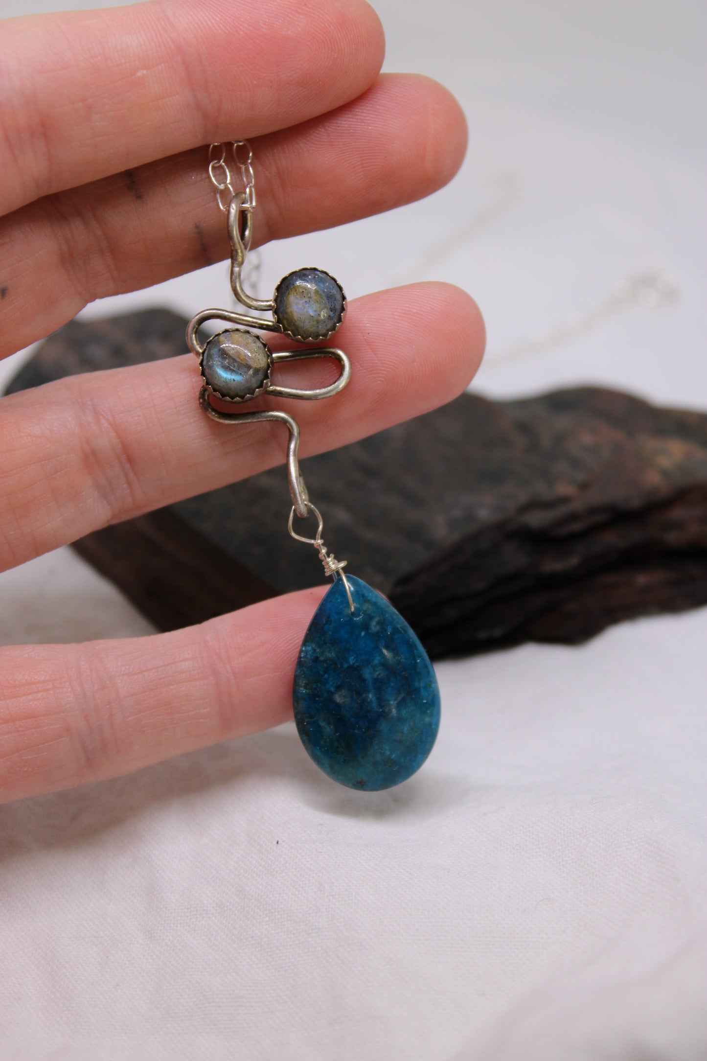 Geometric Sterling Silver Pendant with Blue Apatite and Labradorite Stones