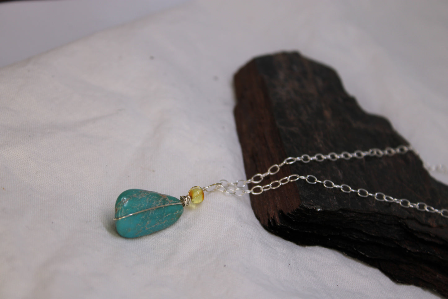 Sonoran Turquoise and Amber Pendant with Sterling Silver Wire Wrap: Minimalist Design