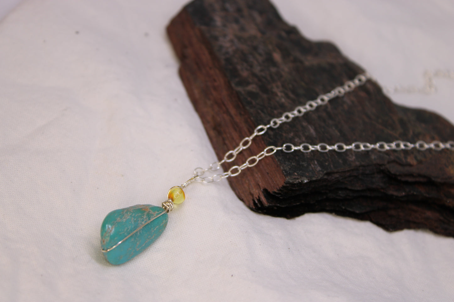 Sonoran Turquoise and Amber Pendant with Sterling Silver Wire Wrap: Minimalist Design