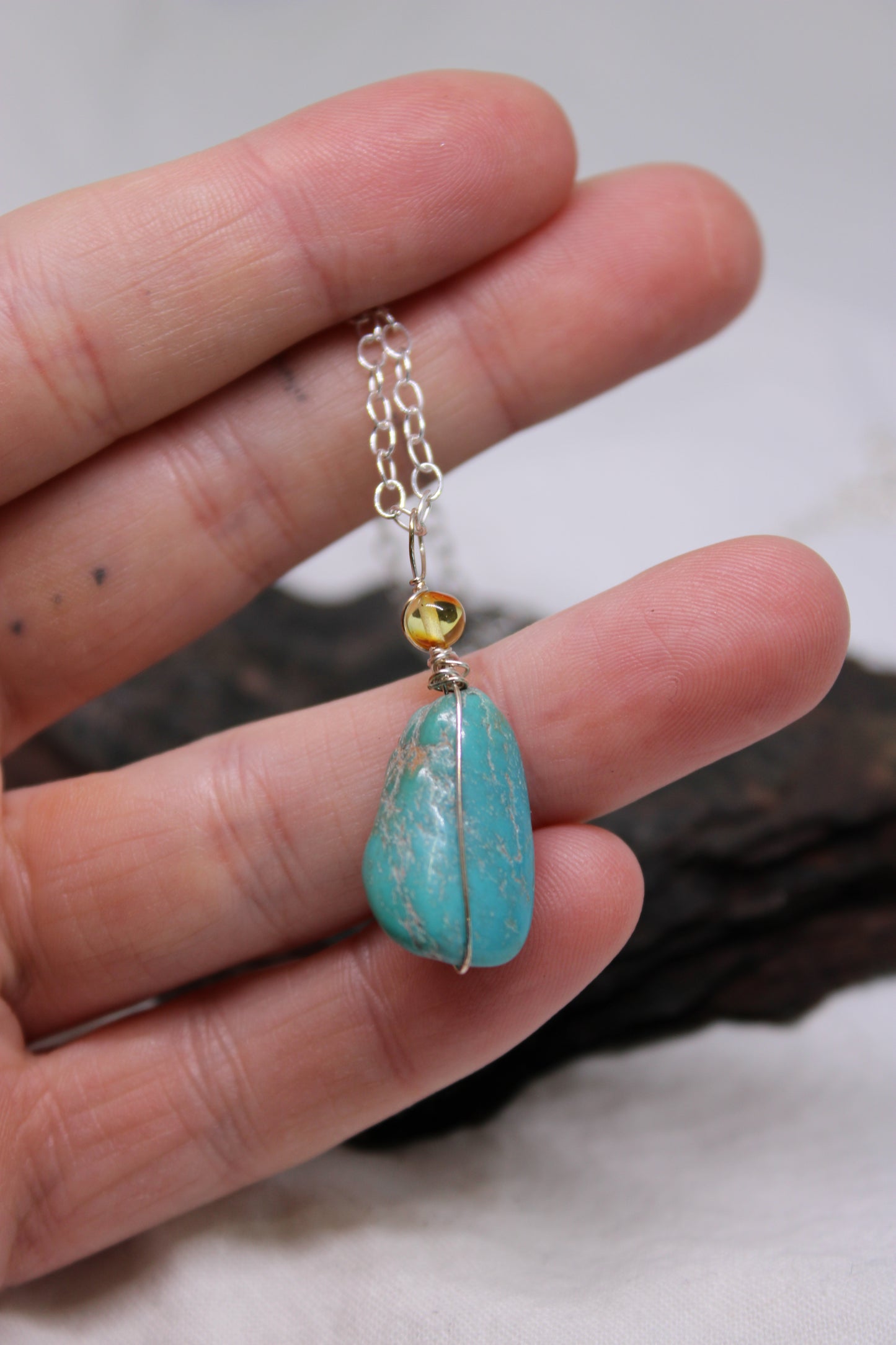 Sonoran Turquoise and Amber Pendant with Sterling Silver Wire Wrap: Minimalist Design