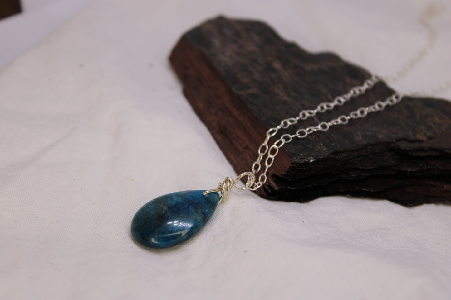 Blue Apatite Drop Pendant Sterling Silver Wire Wrap Jewelry