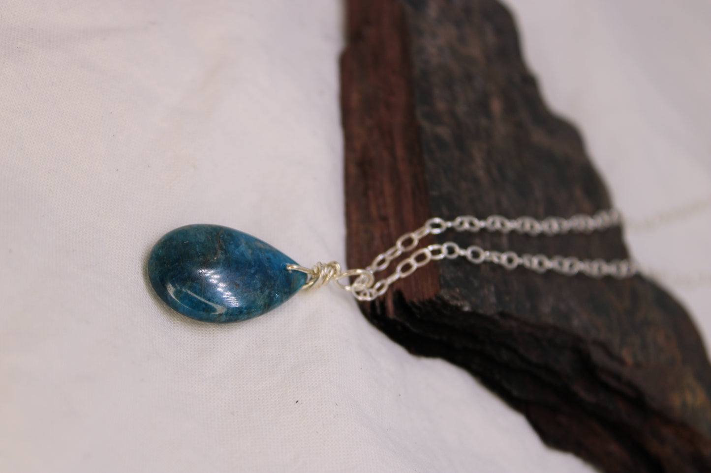 Blue Apatite Drop Pendant Sterling Silver Wire Wrap Jewelry