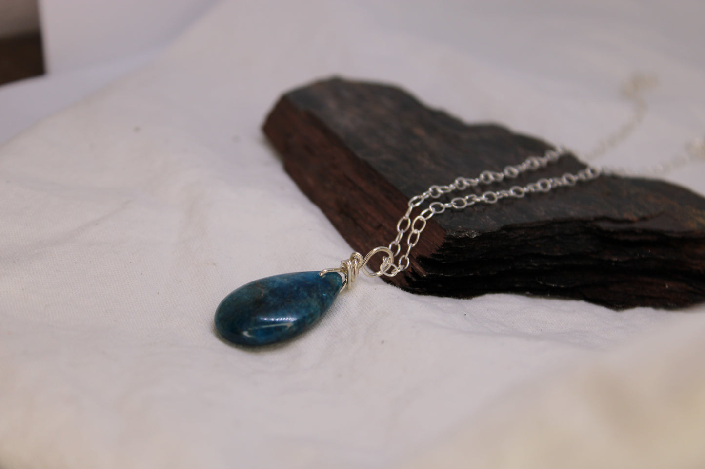 Blue Apatite Drop Pendant Sterling Silver Wire Wrap Jewelry