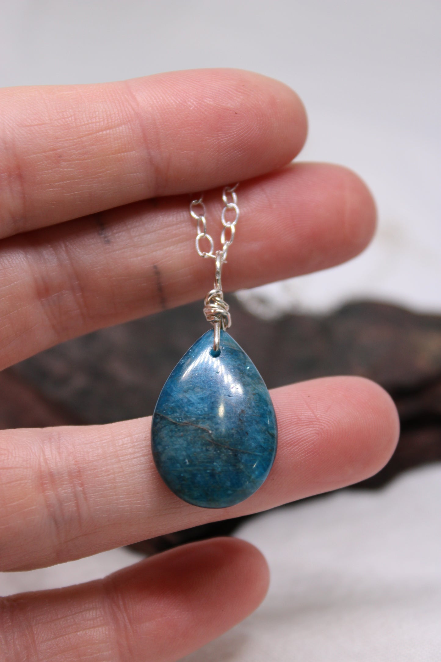 Blue Apatite Drop Pendant Sterling Silver Wire Wrap Jewelry