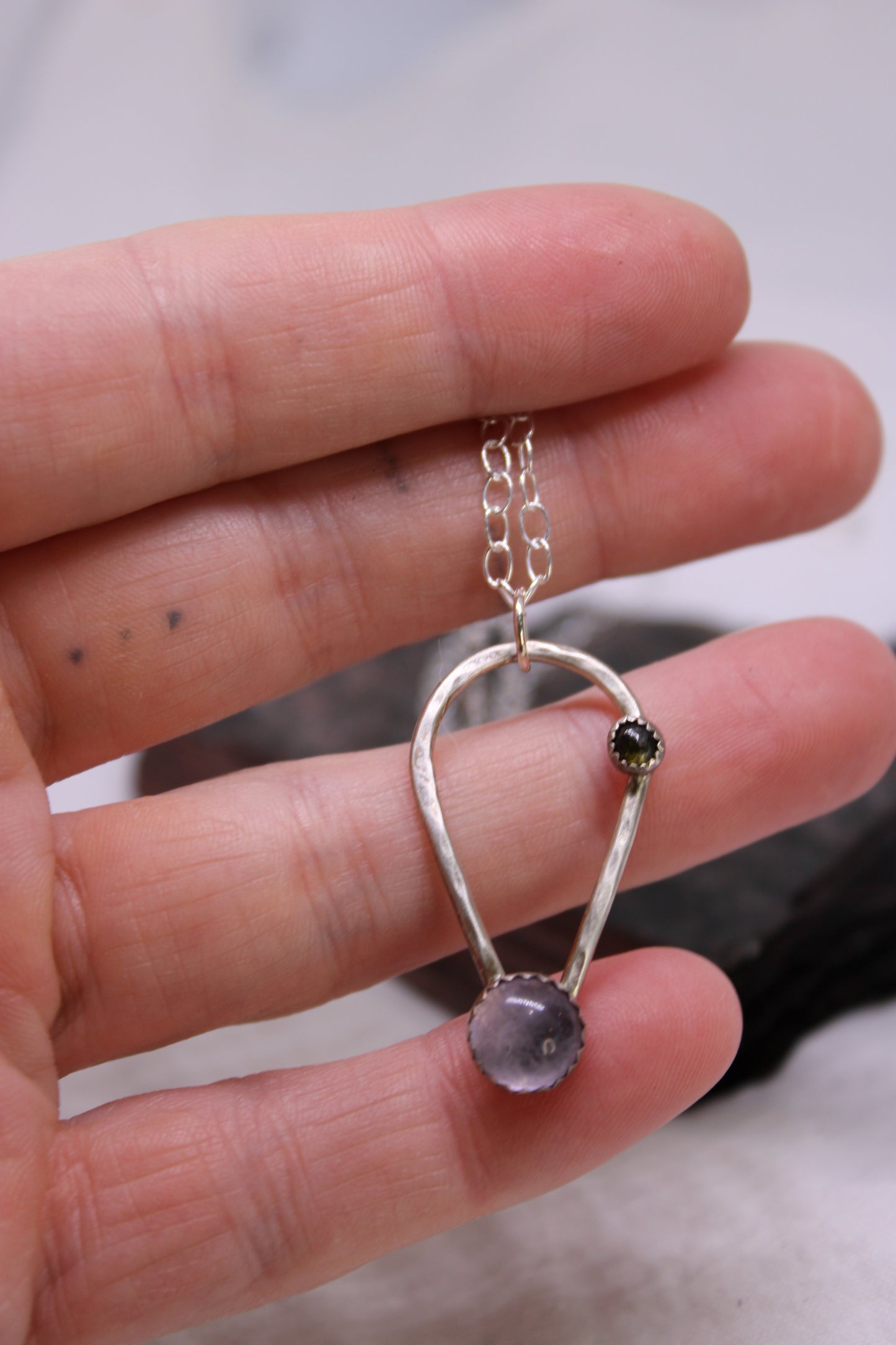 Green Tourmaline and Amethyst Sterling Silver Pendant Sterling Silver