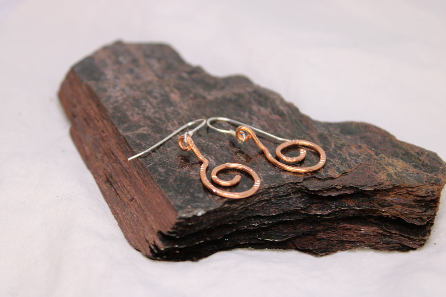 Hammered and Stamped Copper Geometric Spiral Earrings