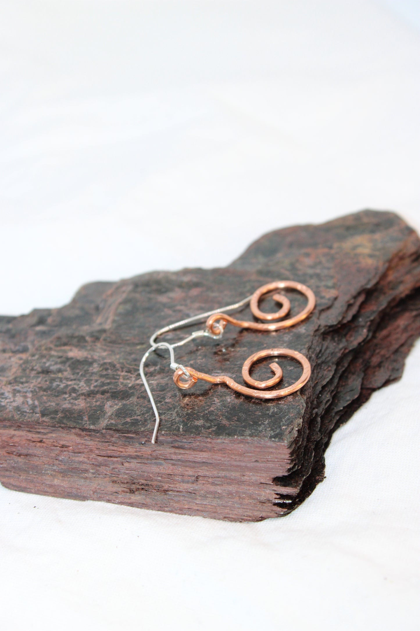 Hammered and Stamped Copper Geometric Spiral Earrings