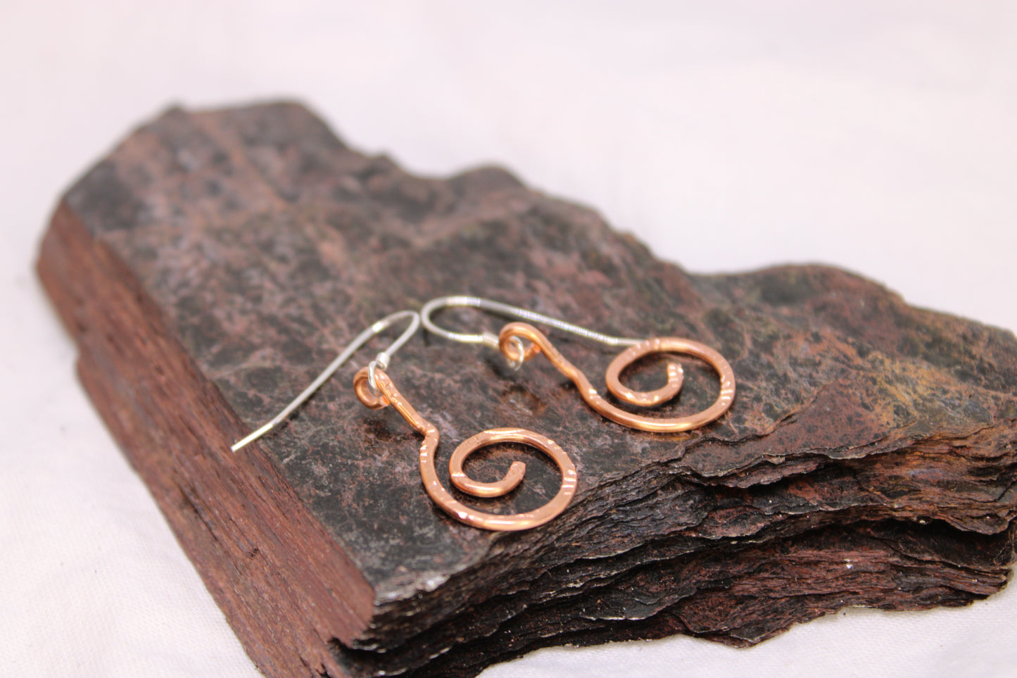 Hammered and Stamped Copper Geometric Spiral Earrings