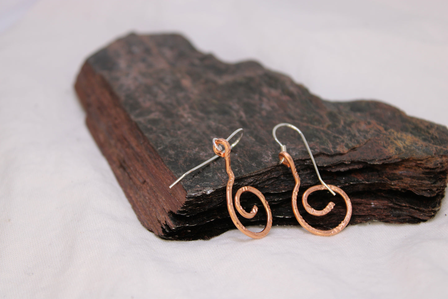 Hammered and Stamped Copper Geometric Spiral Earrings