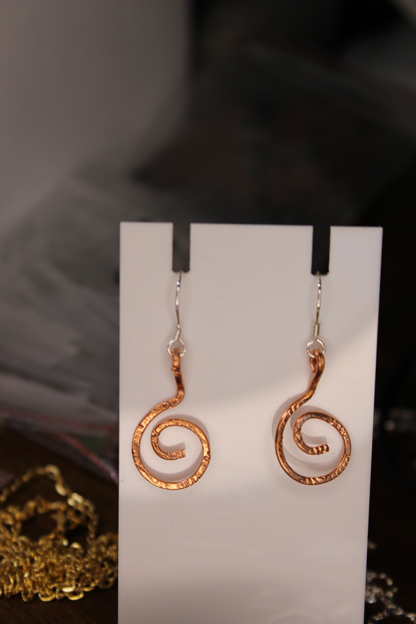 Hammered and Stamped Copper Geometric Spiral Earrings