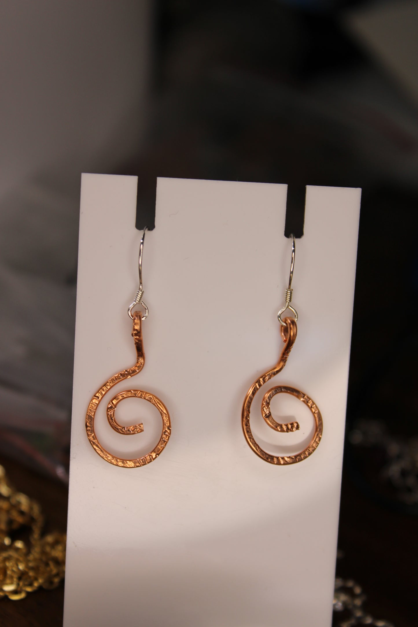 Hammered and Stamped Copper Geometric Spiral Earrings