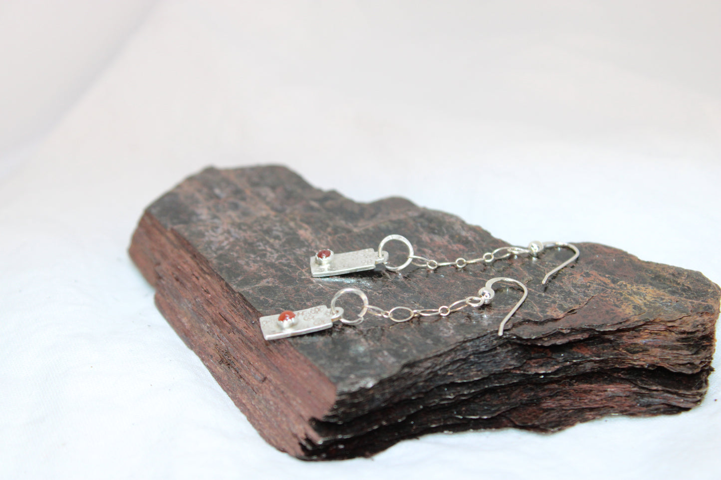 Hammered Stamped Carnelian Sterling Silver Earrings Dangle Drop Design