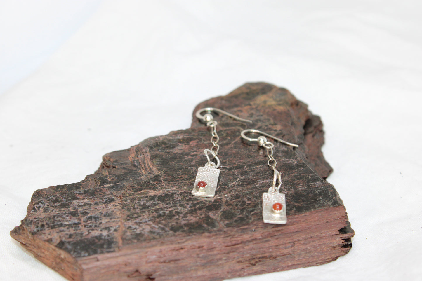 Hammered Stamped Carnelian Sterling Silver Earrings Dangle Drop Design