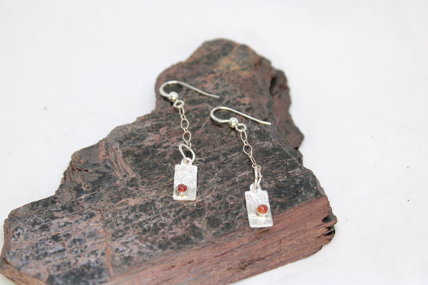 Hammered Stamped Carnelian Sterling Silver Earrings Dangle Drop Design