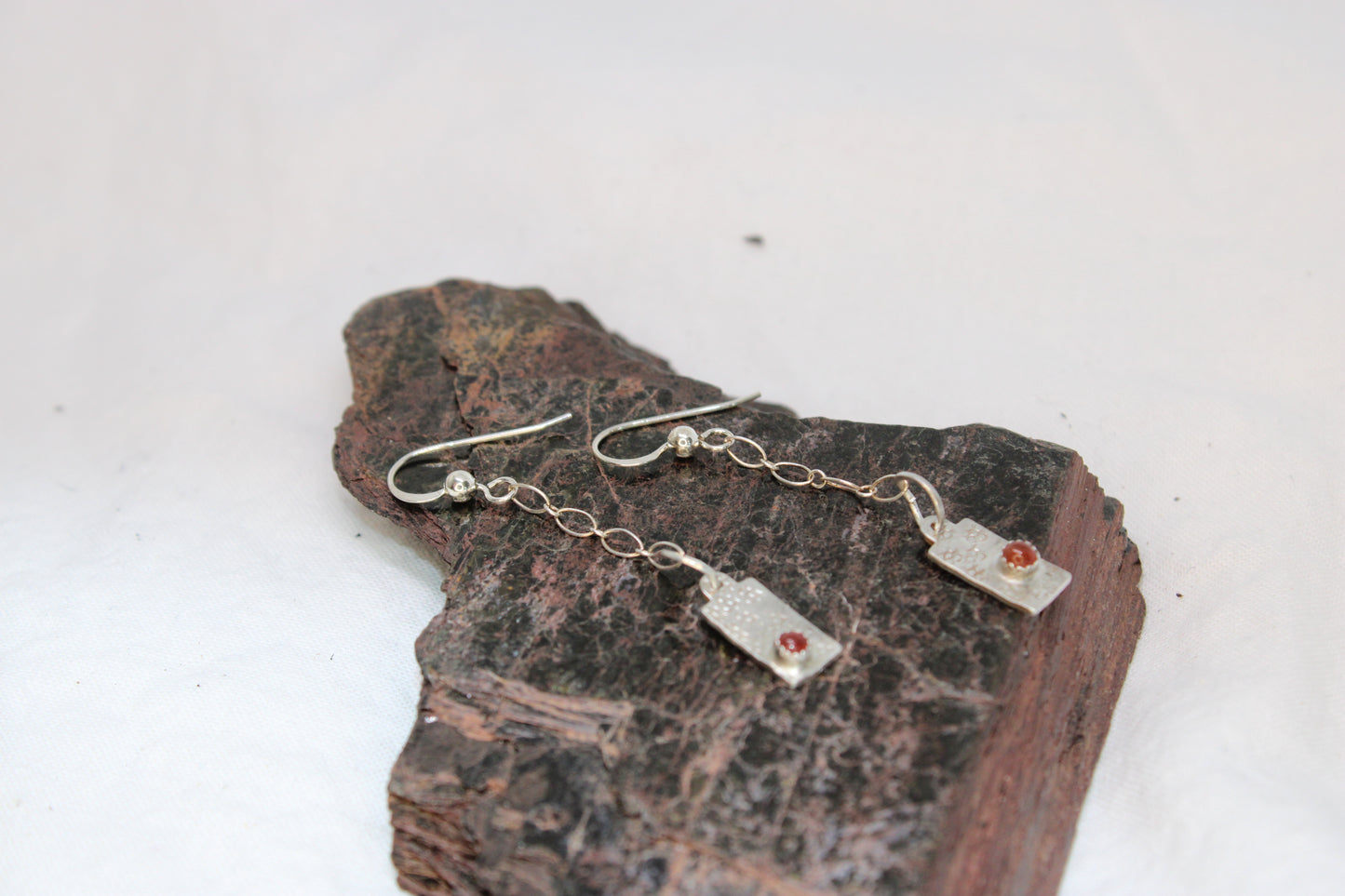 Hammered Stamped Carnelian Sterling Silver Earrings Dangle Drop Design