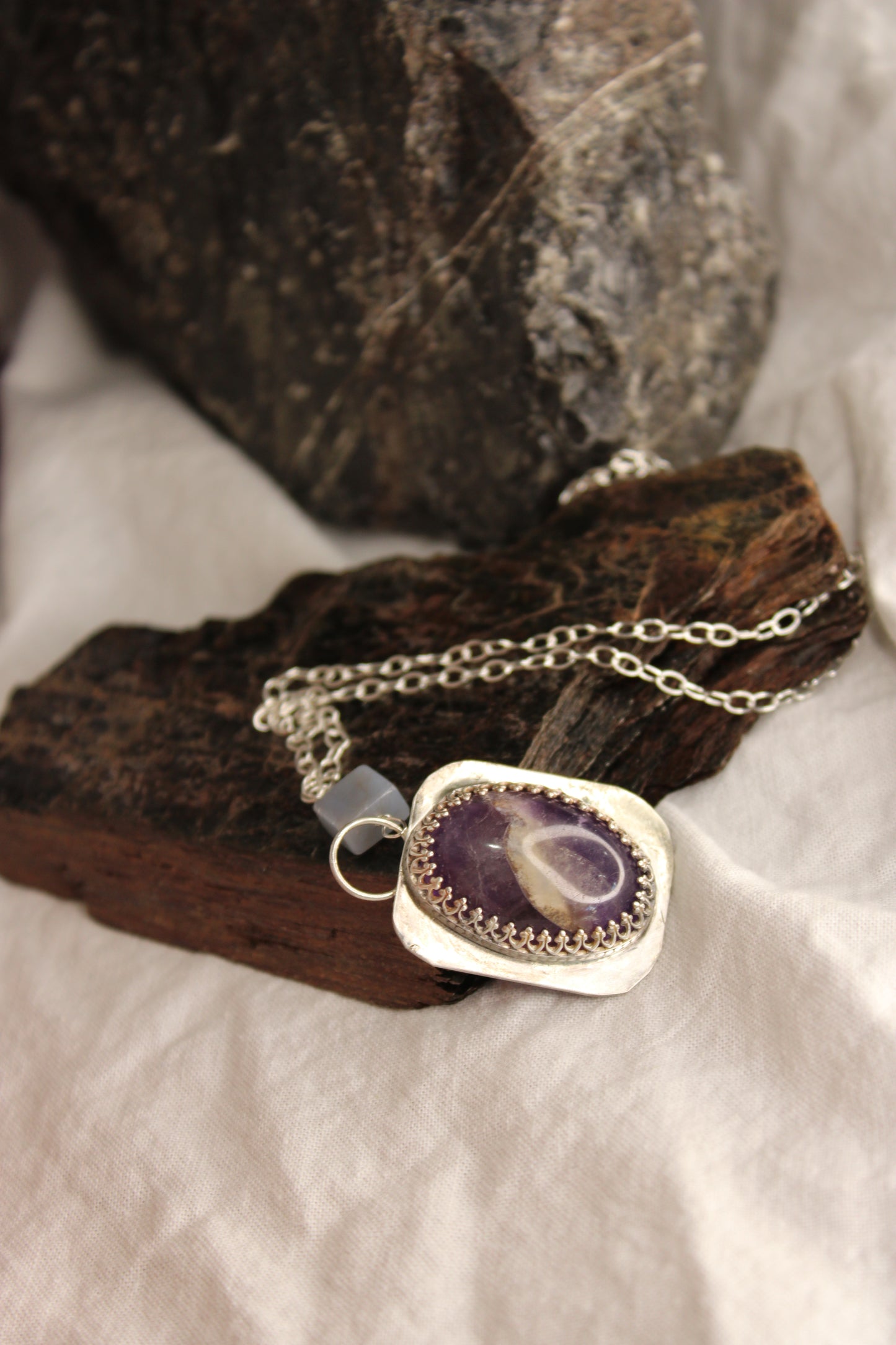 Large Sterling Silver Amethyst Pendant with Angelite Accent Bead