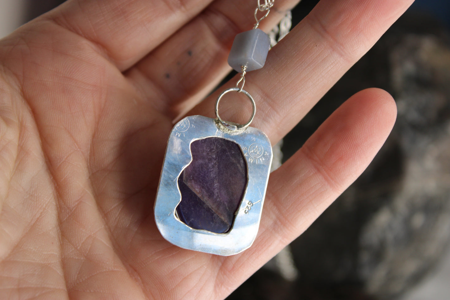 Large Sterling Silver Amethyst Pendant with Angelite Accent Bead