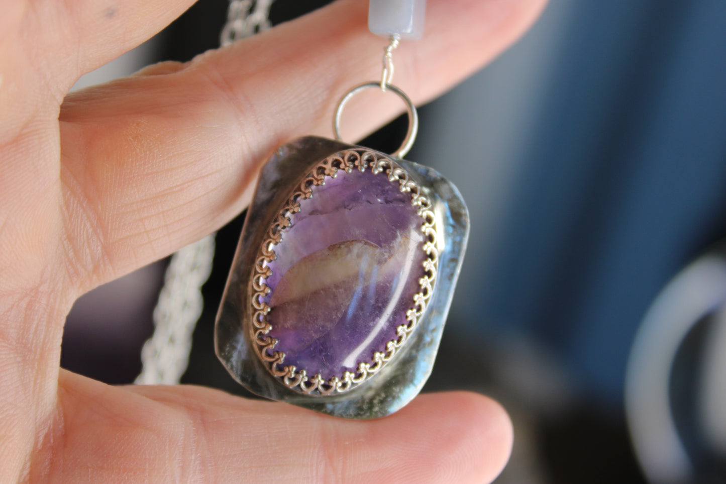 Large Sterling Silver Amethyst Pendant with Angelite Accent Bead