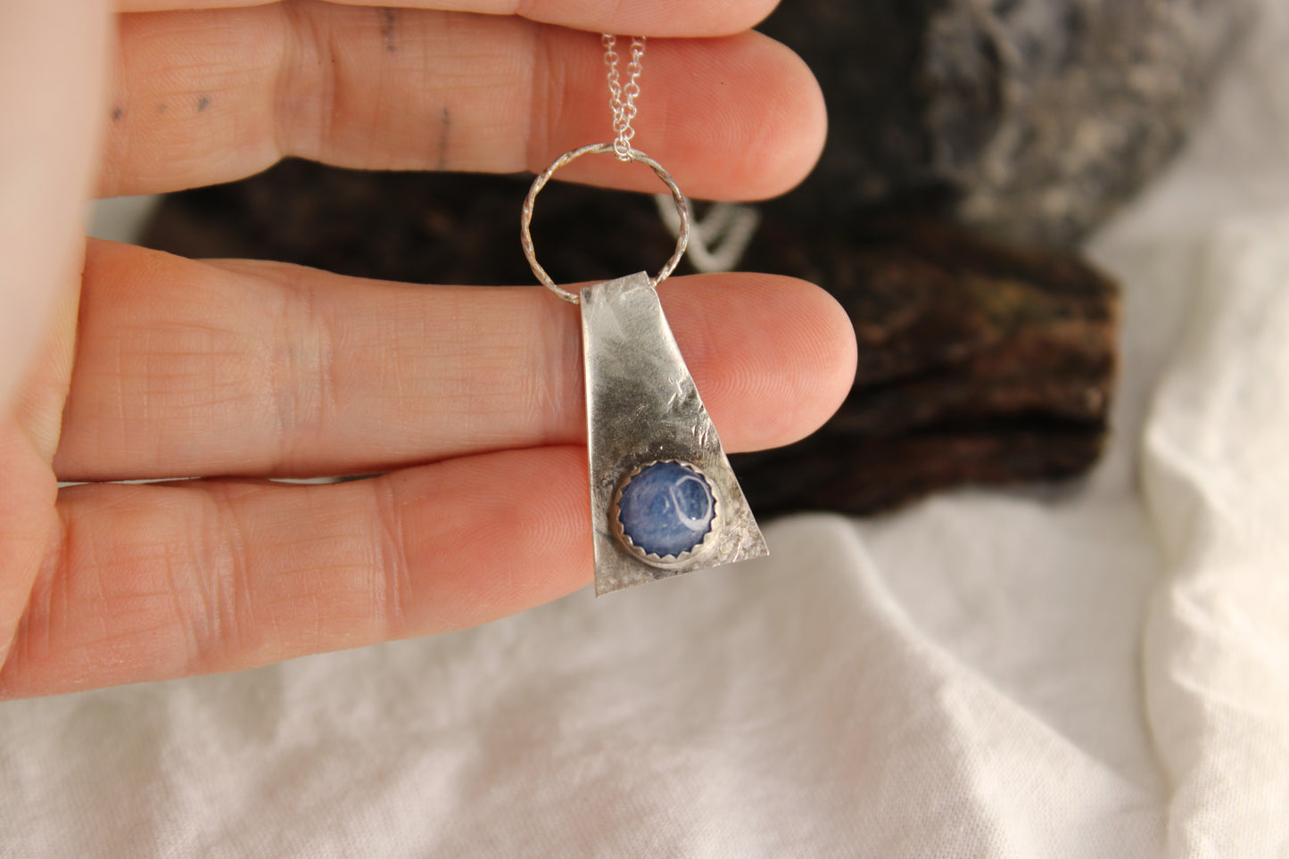 Geometric Pyramid Circle Blue Kyanite Sterling Silver Necklace