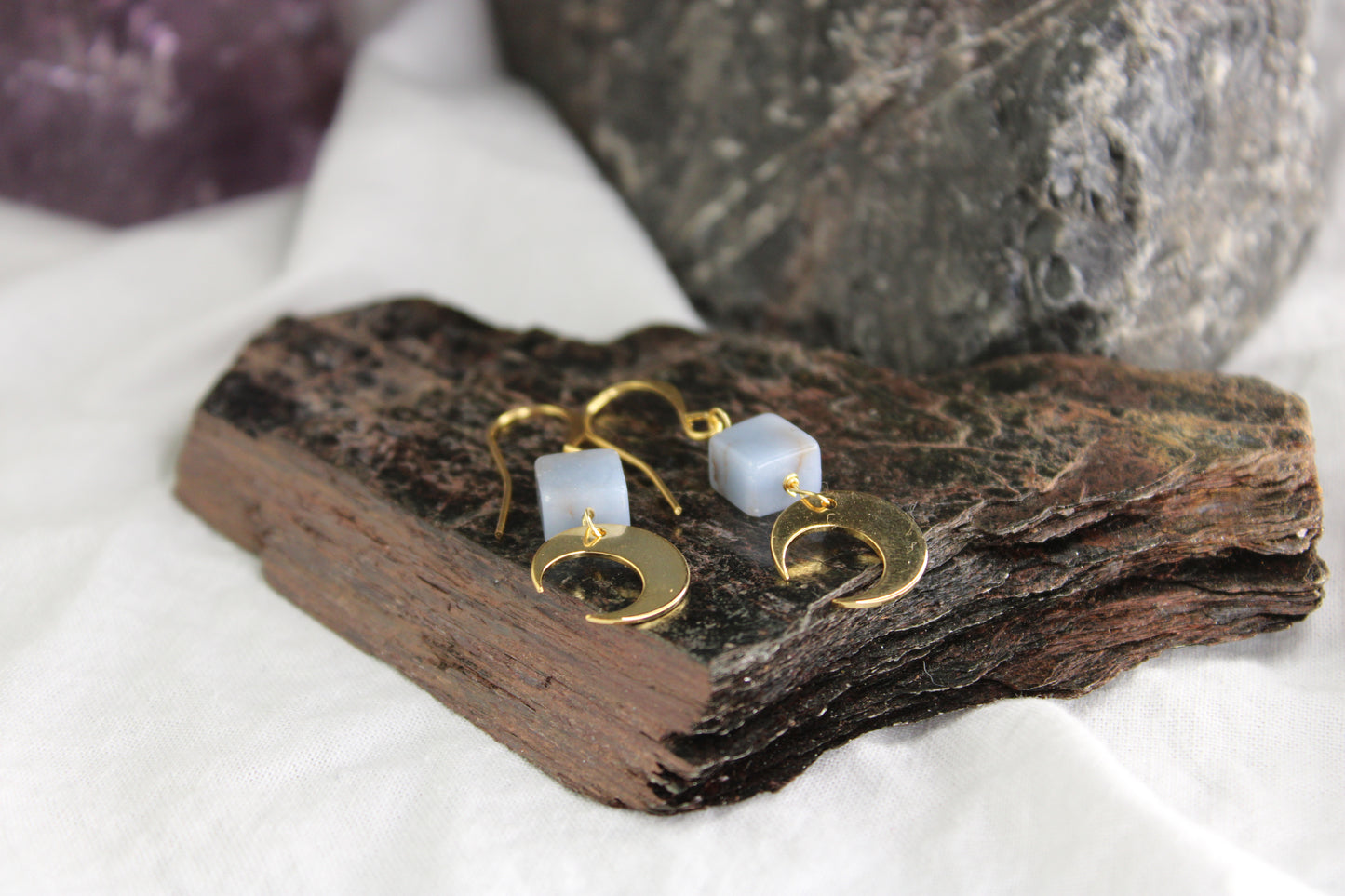 Crescent Moon Angelite Brass Gold Earrings