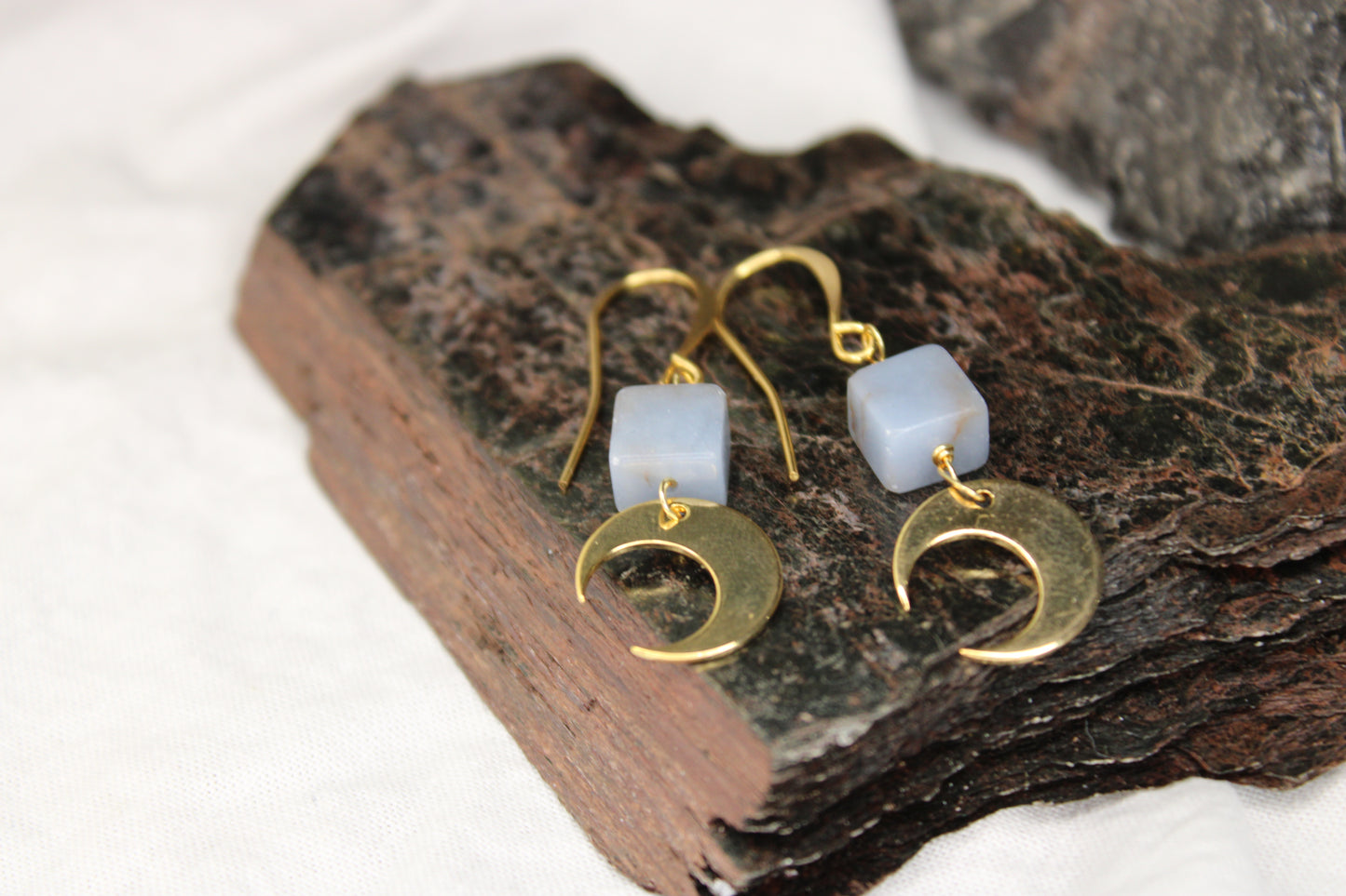 Crescent Moon Angelite Brass Gold Earrings