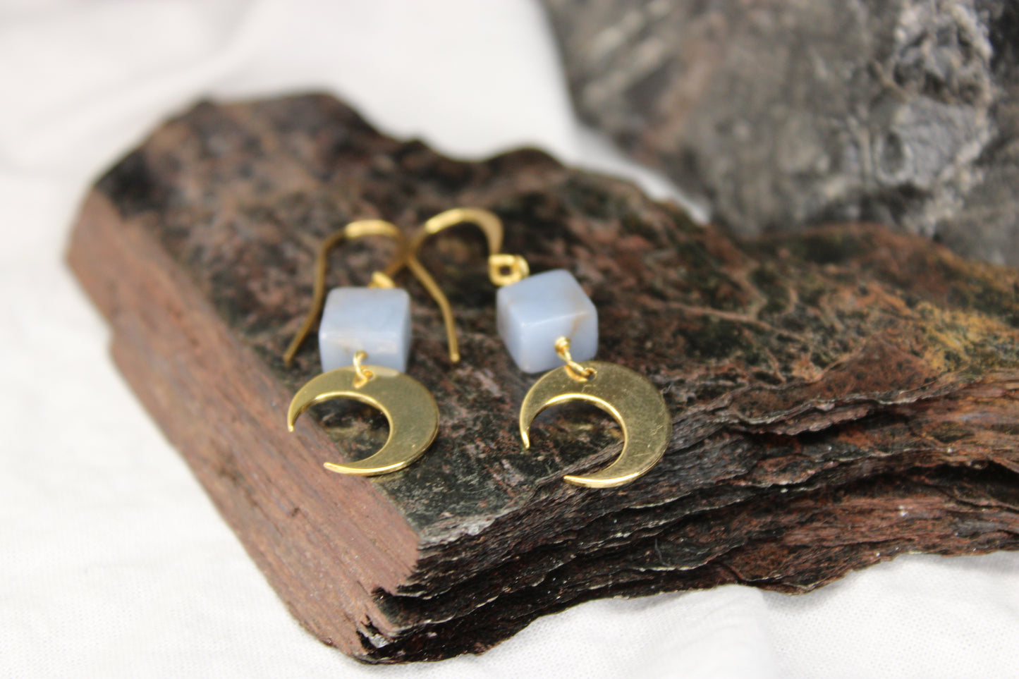 Crescent Moon Angelite Brass Gold Earrings