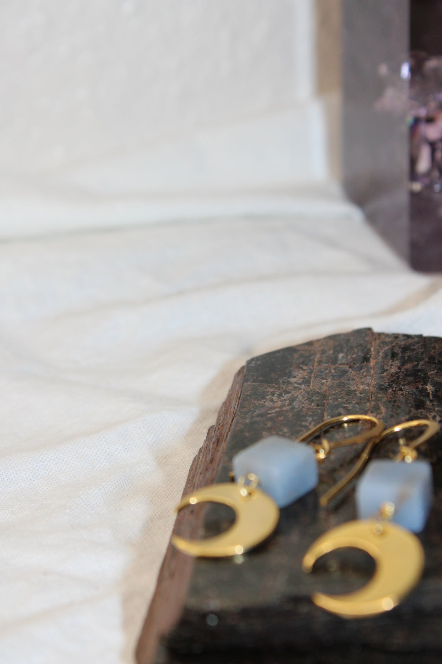 Crescent Moon Angelite Brass Gold Earrings