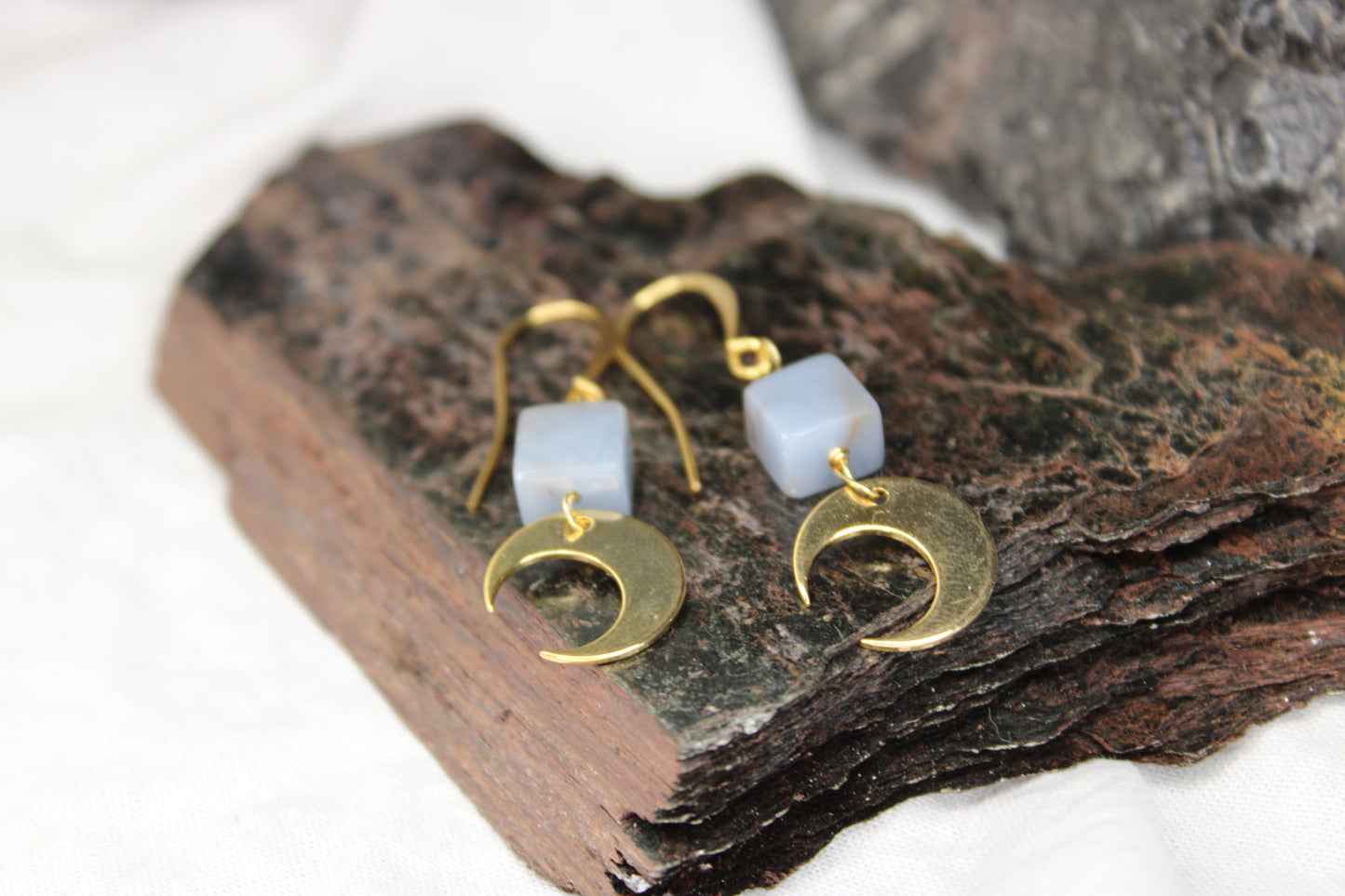 Crescent Moon Angelite Brass Gold Earrings