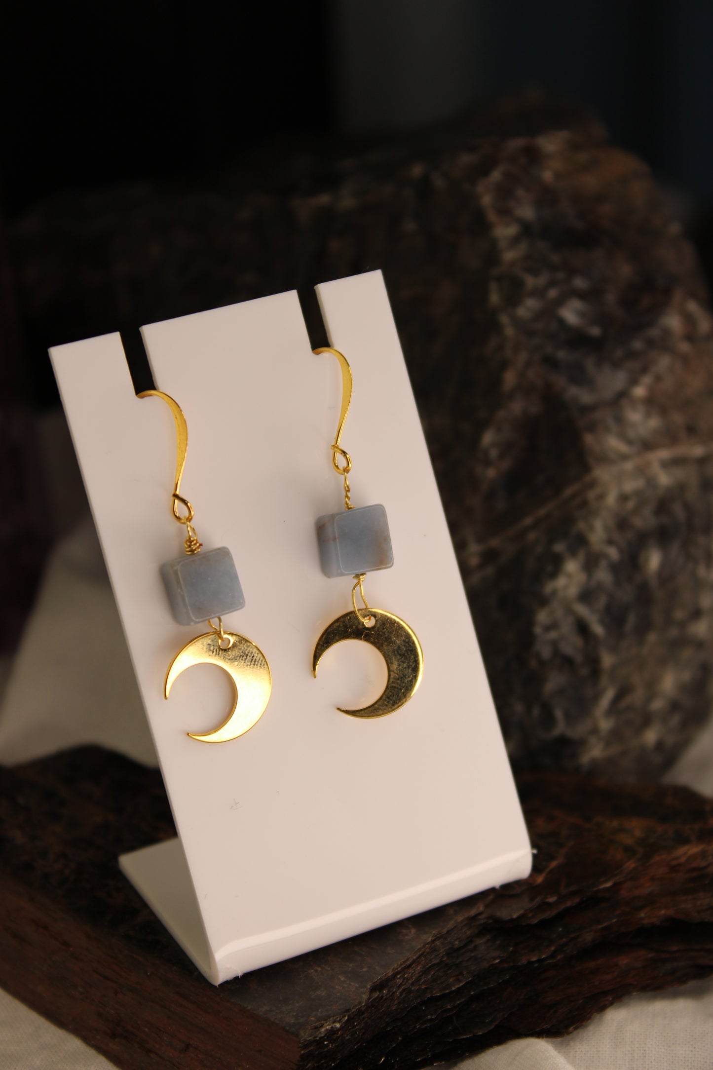 Crescent Moon Angelite Brass Gold Earrings