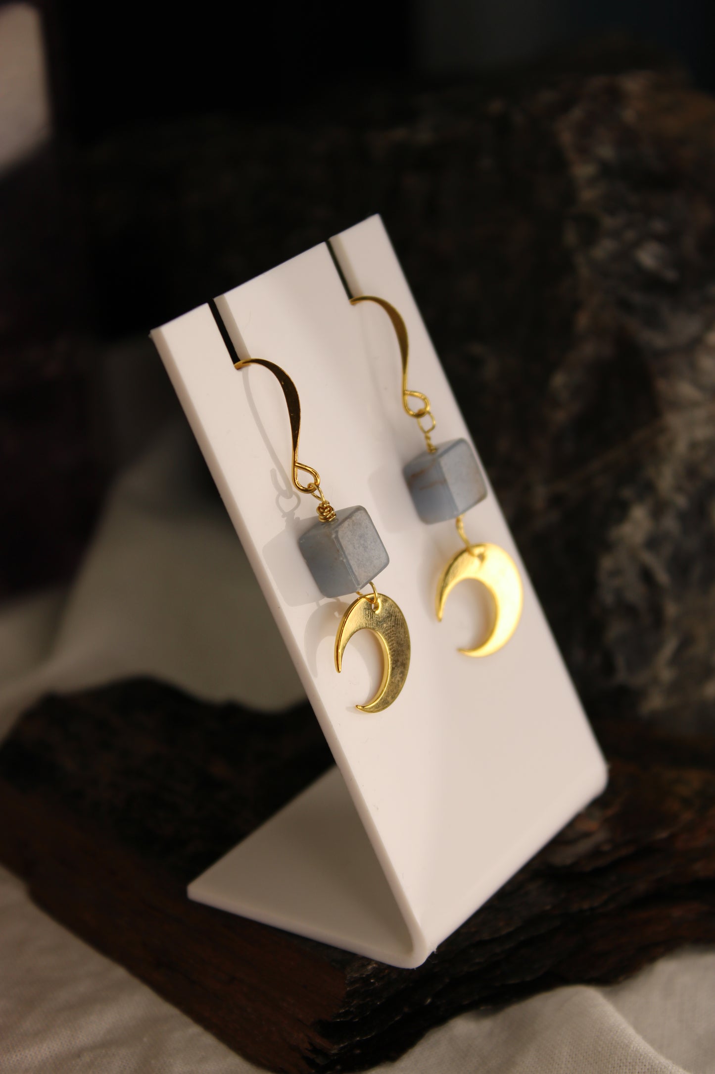 Crescent Moon Angelite Brass Gold Earrings