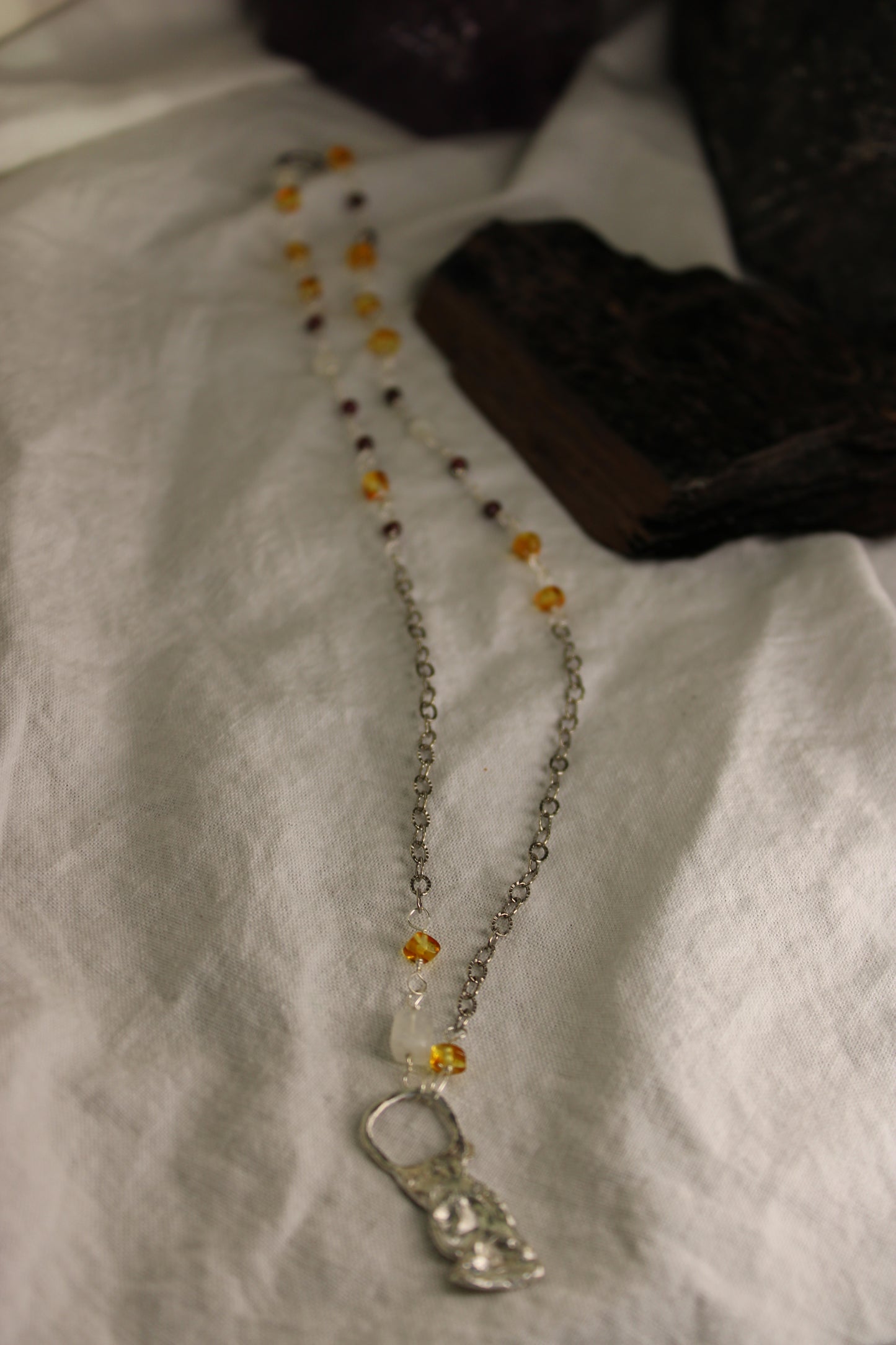 Sterling Silver Beaded Chain Necklace Moonstone and Amber Stones