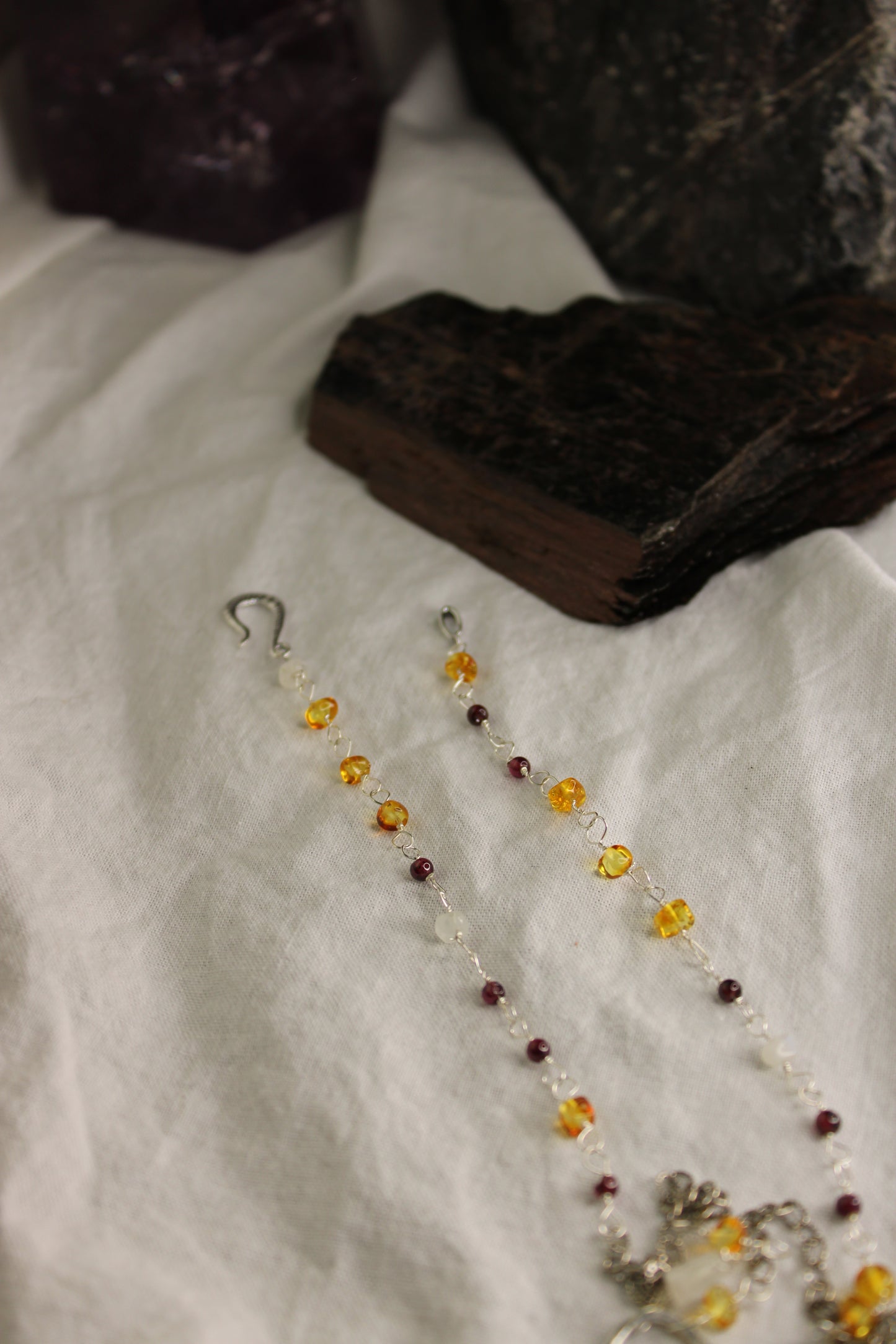 Sterling Silver Beaded Chain Necklace Moonstone and Amber Stones