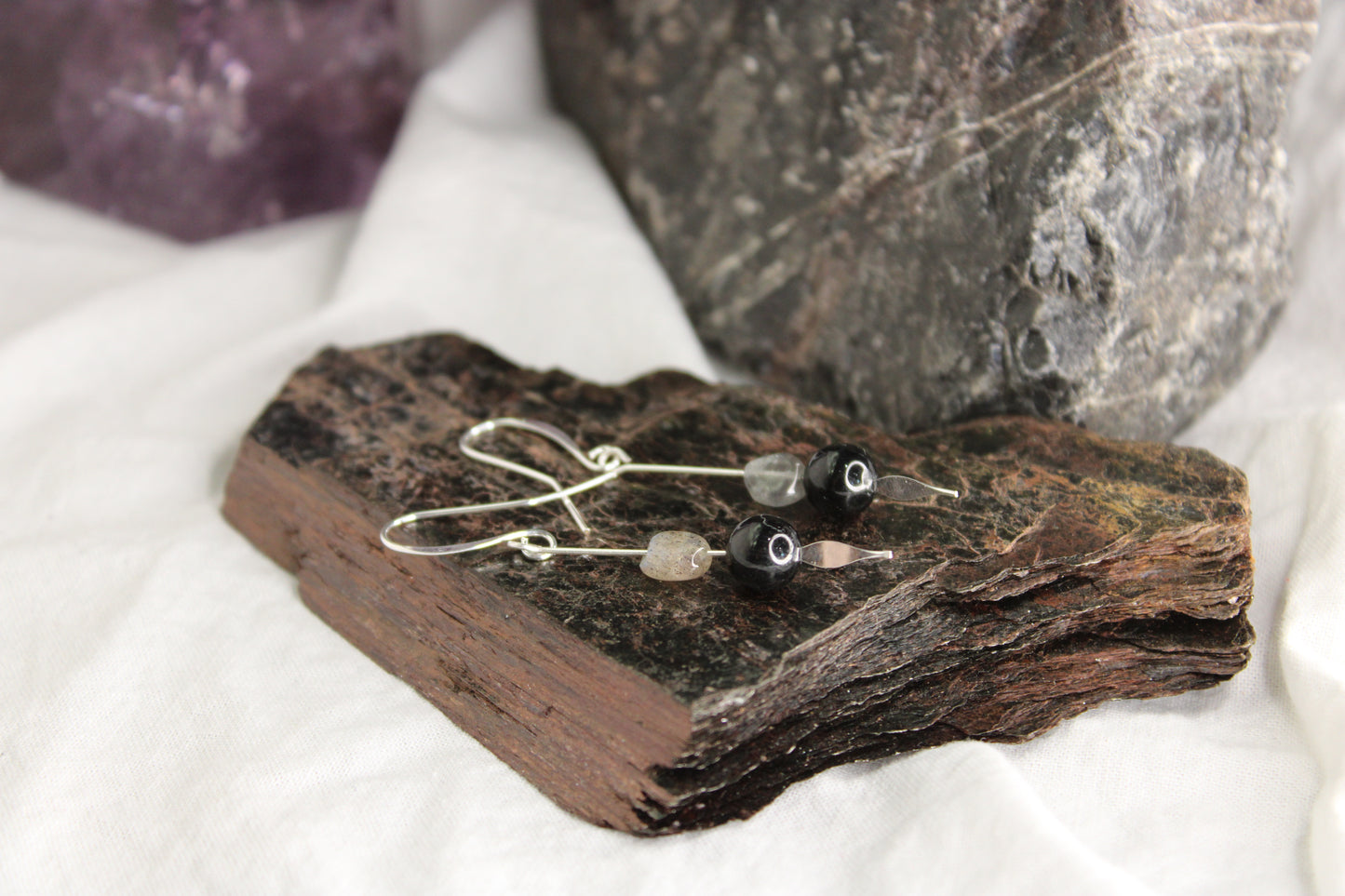 Sterling Silver Dangle Drop Earrings Black Tourmaline and Labradorite