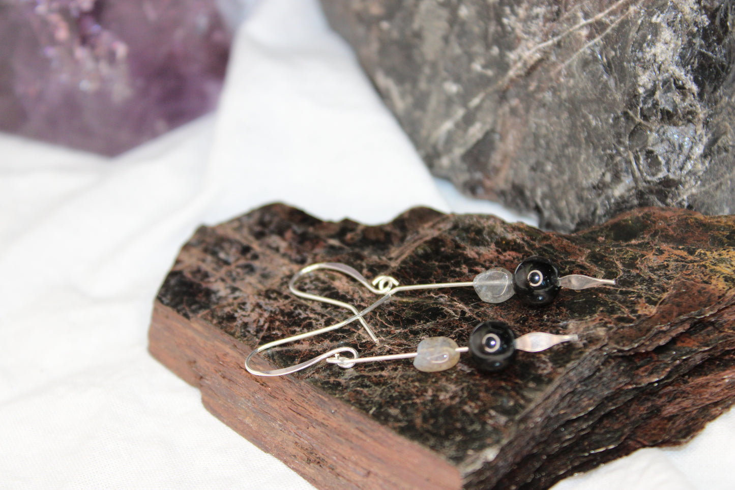 Sterling Silver Dangle Drop Earrings Black Tourmaline and Labradorite